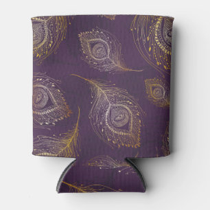 Enfriador De Latas Pluma de pavo real dorada, fondo violeta.