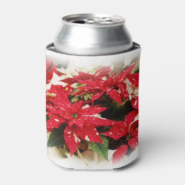 Enfriador De Latas Poinsettias florales blancas rojas festivas (Lata Anverso)
