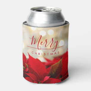 Enfriador De Latas Poinsettias rojas con Navidades del Bokeh de Oro