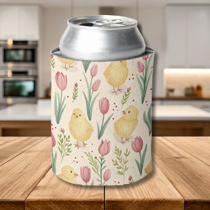 Enfriador De Latas Pollitos amarillos lindos de Pascua con tulipanes