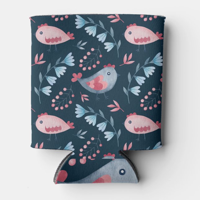 Enfriador De Latas Pollos populares: Patrón acuarela sin foco. (Anverso)