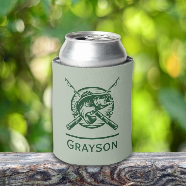 Enfriador De Latas Polo y pescado verde personalizado (Green Fisherman Poles and Fish Personalized Can Cooler)