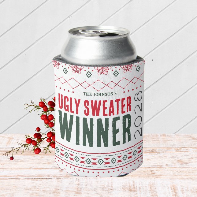 Enfriador De Latas Premio ganador del concurso de suéter feo (Ugly Christmas Sweater Holiday Competition Contest Prize Can Cooler for the Winner )