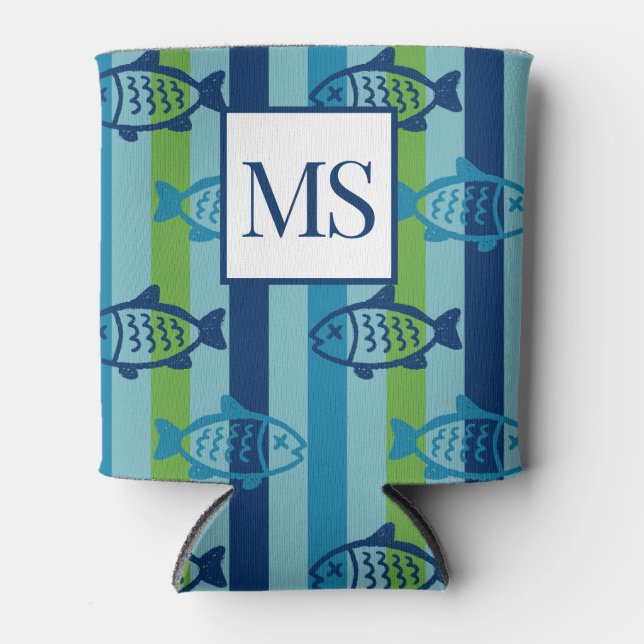 Enfriador De Latas Preppy Coastal Fish Green Blue Stripe (Anverso)