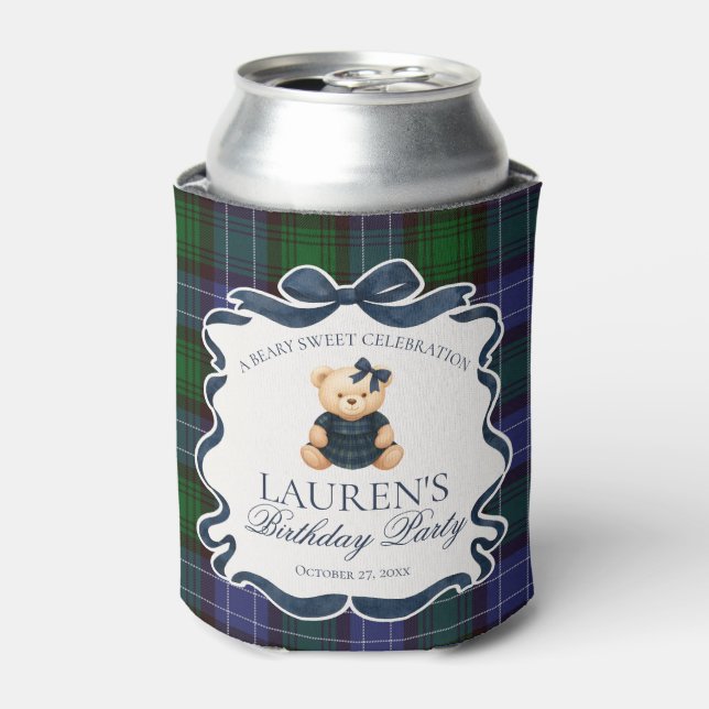 Enfriador De Latas Preppy Coquette Bow Bear Tartan Birthday Favor (Lata Anverso)