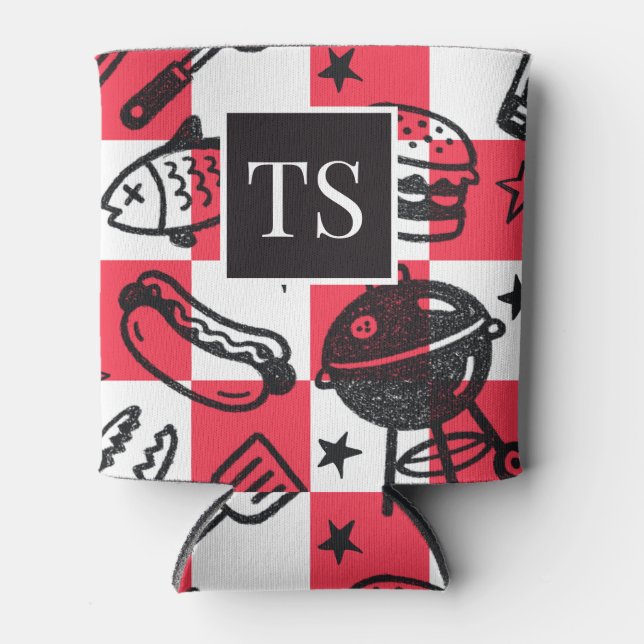 Enfriador De Latas Preppy Dad Grilling Pattern – BBQ Doodles (Check) (Anverso)