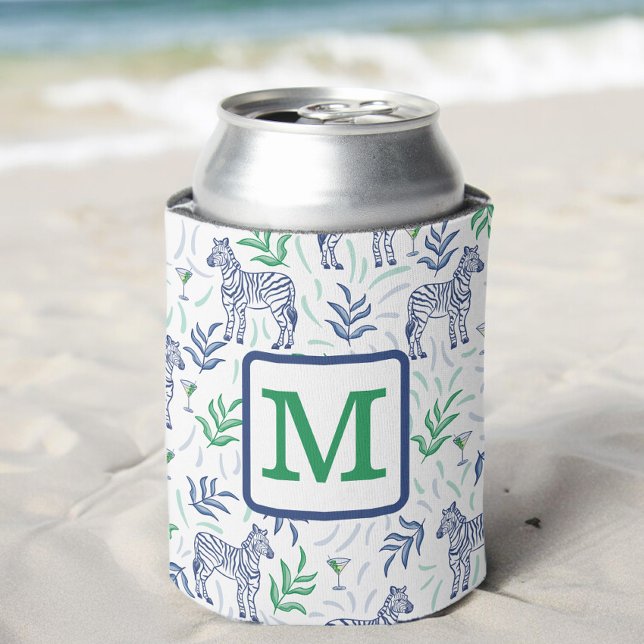 Enfriador De Latas Preppy Zebra Martinis Green Monogram White (Subido por el creador)