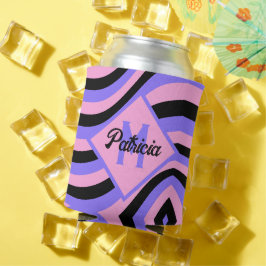 Enfriador De Latas Psicodélico rosa y púrpura con monograma negro gro