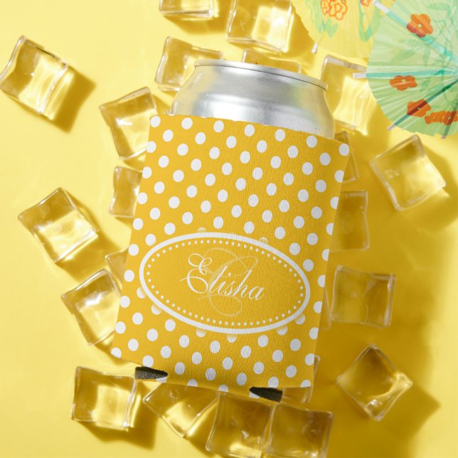 Enfriador De Latas Punto de polka amarillo y blanco personalizado (Verano in situ)