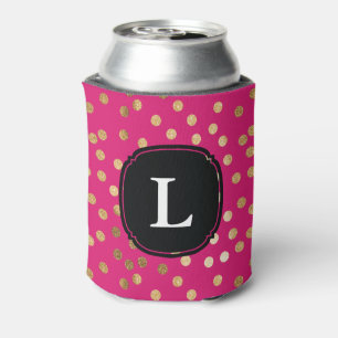 Enfriador De Latas Punto Polka Monogramado de color rosa caliente y P