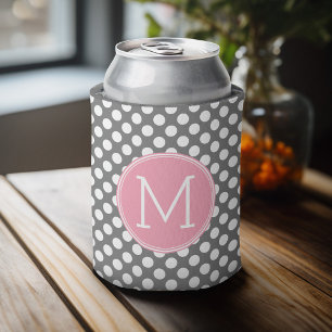 Enfriador De Latas Puntos de Polka Rosa y Gris Pastel - Monograma cl