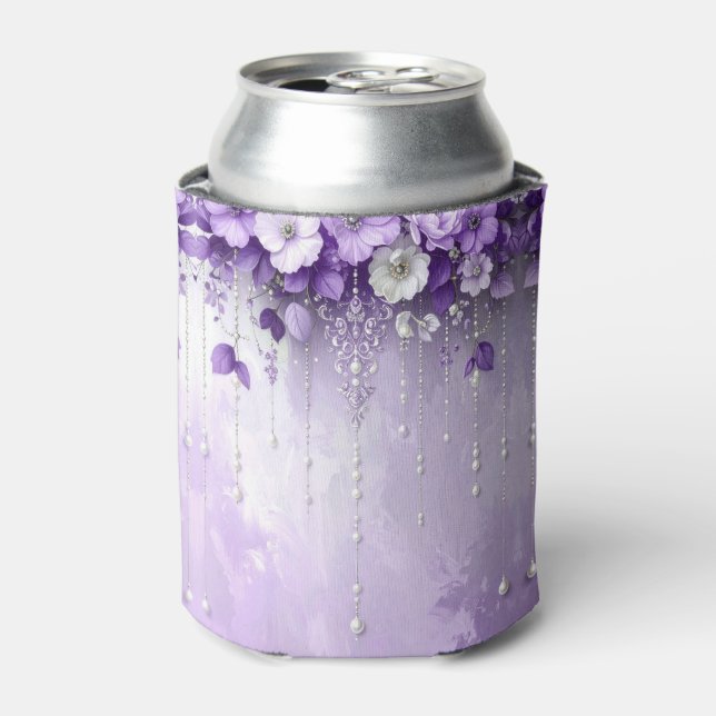 Enfriador De Latas Purple Flowers with Dangling Pearls Can Cooler (Lata Anverso)