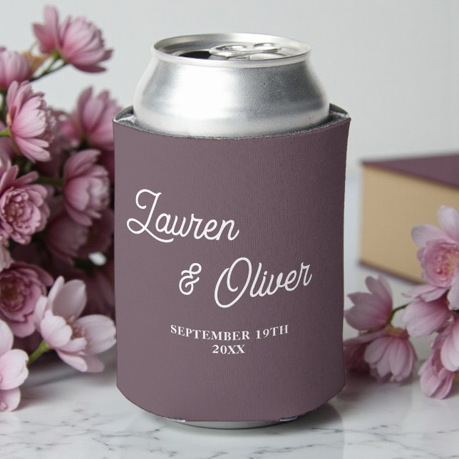 Enfriador De Latas Purple Taupe Script Minimalist Wedding (Subido por el creador)
