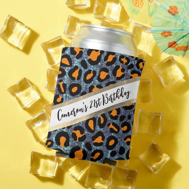 Enfriador De Latas Purpurina Azul Leopard Girly Cheetah Moda Cumpleañ (Verano in situ)