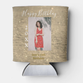 Enfriador De Latas Purpurina de oro feliz año de la foto del 15 cumpl