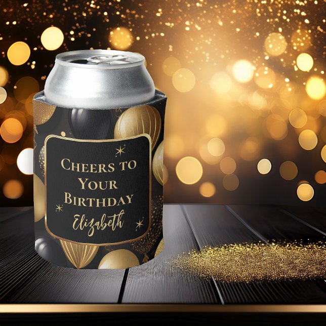 Enfriador De Latas Purpurina de oro negro elegante globos de cumpleañ (Elegant Black | Gold Faux Glitter Balloons Pattern A021 "Cheers to Your Birthday" [Name] Can Cooler)