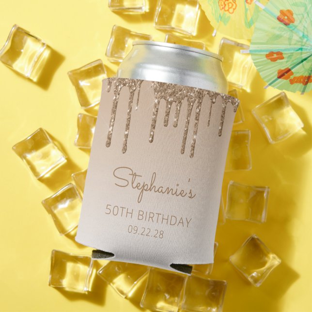 Enfriador De Latas Purpurina de oro personalizado Drip 50 cumpleaños (Verano in situ)