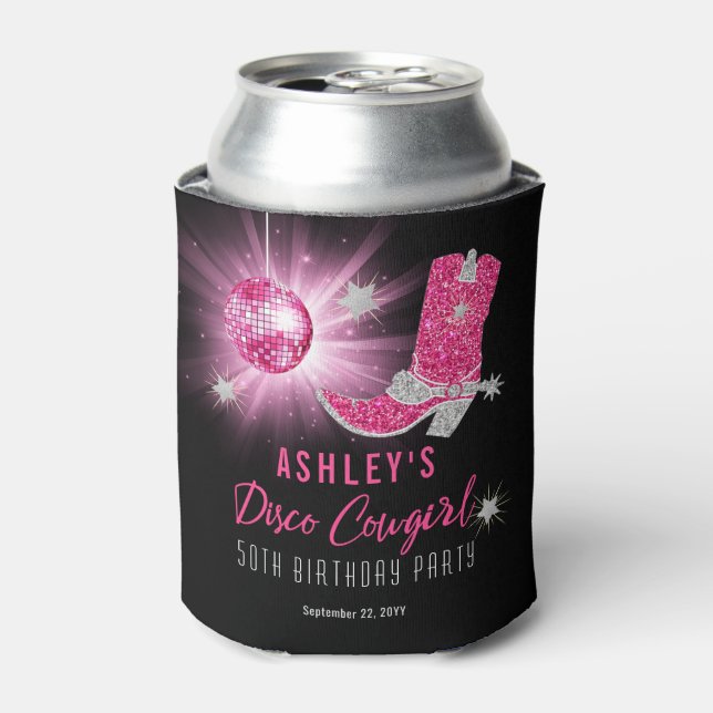 Enfriador De Latas Purpurina Pink Disco Cowgirl 50 cumpleaños (Lata Anverso)