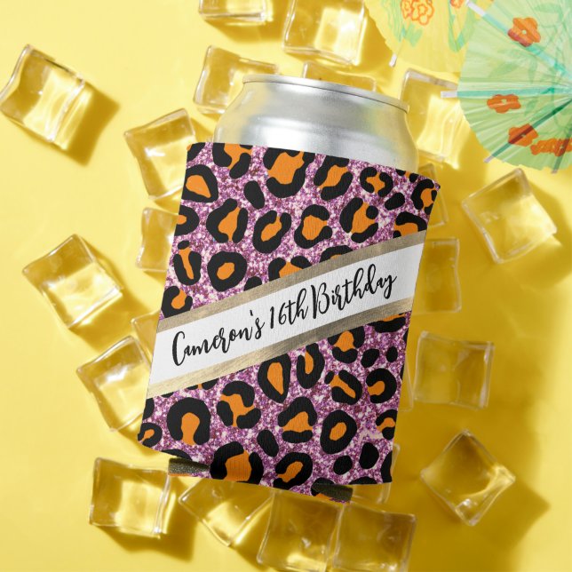 Enfriador De Latas Purpurina Rosa Leopard Girly Cheetah Moda Cumpleañ (Verano in situ)
