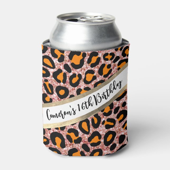 Enfriador De Latas Purpurina Rosa Leopard Girly Cheetah Moda Cumpleañ (Lata Anverso)