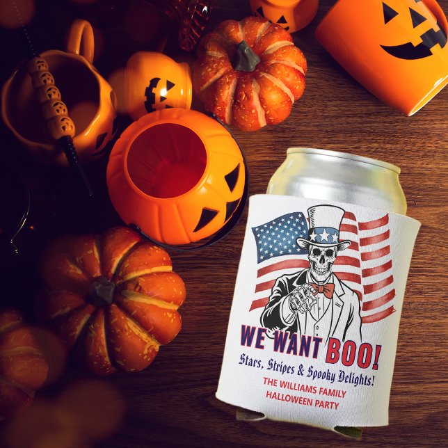 Enfriador De Latas Queremos un Boo Patriótico Fiesta de Disfraces de  (Uncle Sam Skeleton We want BOO! Red white and blue American flag Halloween Party)