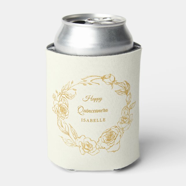 Enfriador De Latas Quinceanera Fiesta Luxe Gold Rosa Ivory White (Lata Anverso)