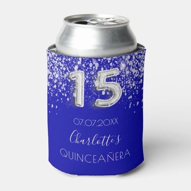 Enfriador De Latas Quinceanera nombre de polvo del purpurina de plata (Lata Anverso)