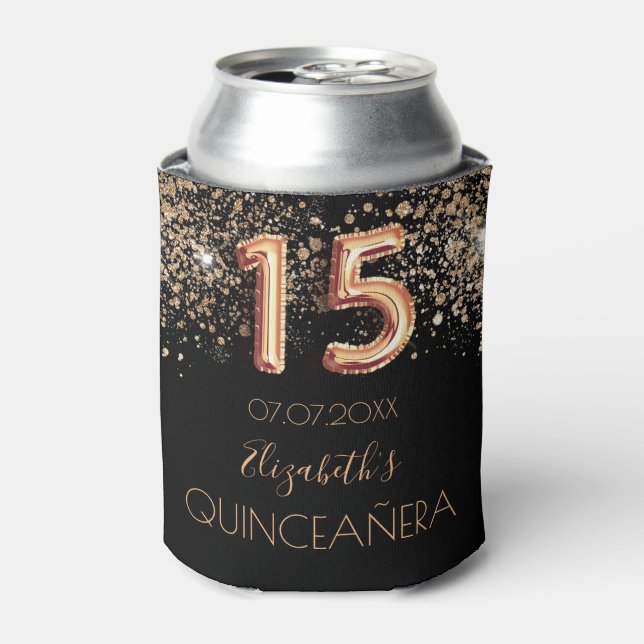 Enfriador De Latas Quinceanera purpurina de oro negro (Lata Anverso)