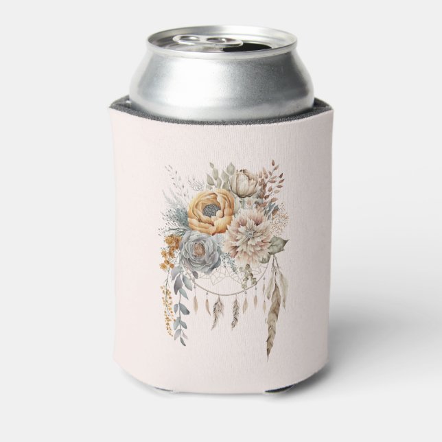 Enfriador De Latas Ramo de flores boho y atrapasueños (Reverso de la lata)