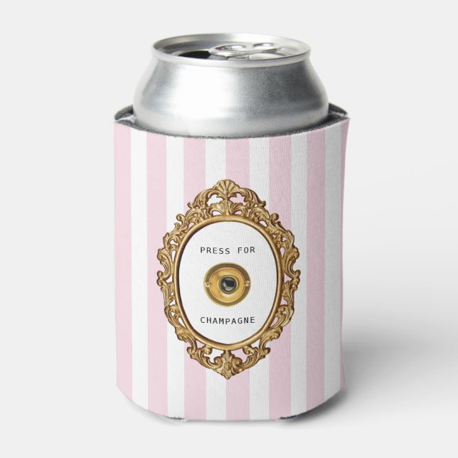 Enfriador De Latas Rayado rosa y blanco | Presionar para Champagne (Lata Anverso)