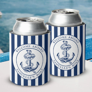 Enfriador De Latas Rayas Azules Marineras Nombre del Barco Ancla Cuer