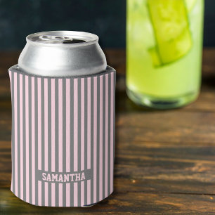 Enfriador De Latas Rayas elegantes rosa y gris Monogramadas personali