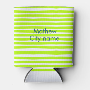 Enfriador De Latas Rayas retro verde amarillo neón añaden nombre ciud