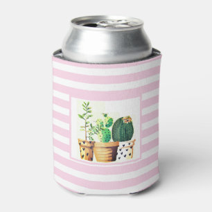 Enfriador De Latas Rayas rosadas y blancas con espuma de suculentas d