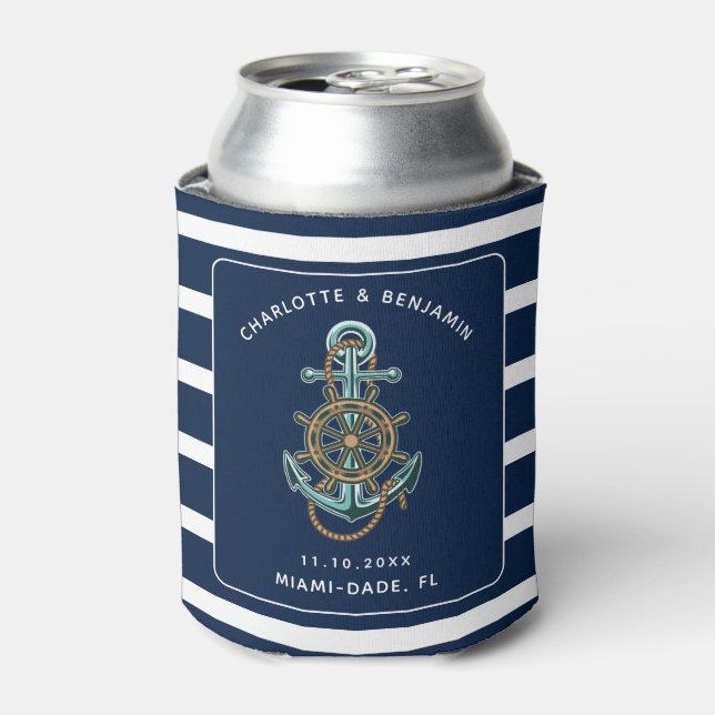 Enfriador De Latas Recepción Nautical Anchor Beach Wedding (Lata Anverso)