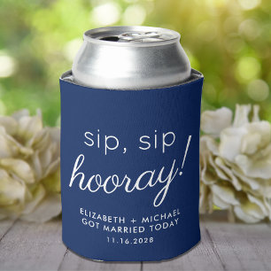 Enfriador De Latas Recuerdo de Boda Sip Sip Hurra Azul Marino