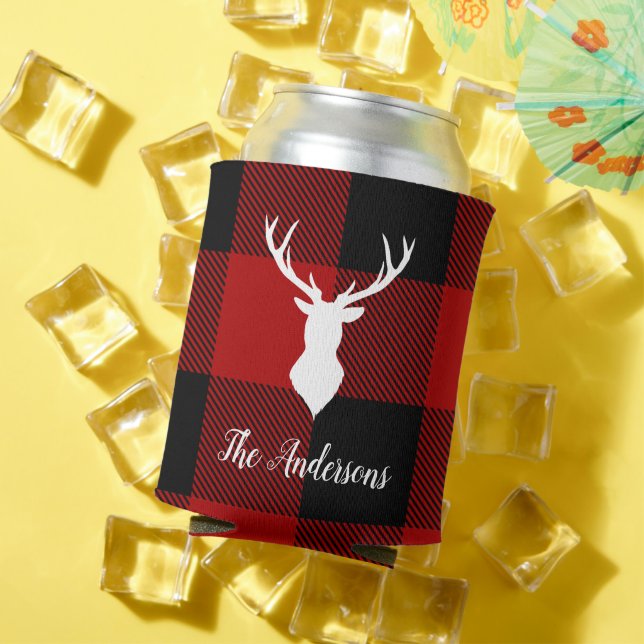 Enfriador De Latas Red Buffalo Plaid & Deer | Entrega de nombre perso (Verano in situ)