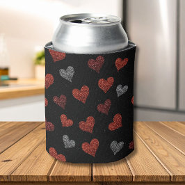 Enfriador De Latas Red Burgundy Silver Glitter Hearts on Black