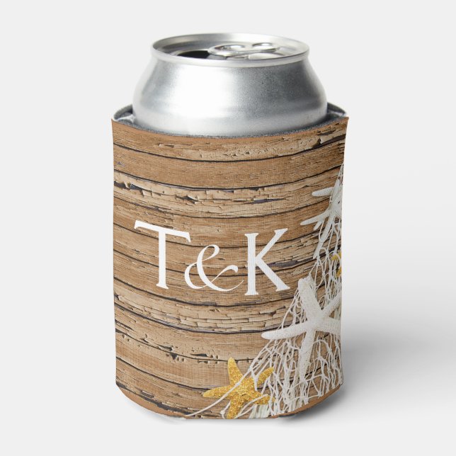 Enfriador De Latas Red de estrella de mar de madera desgastada rústic (Lata Anverso)