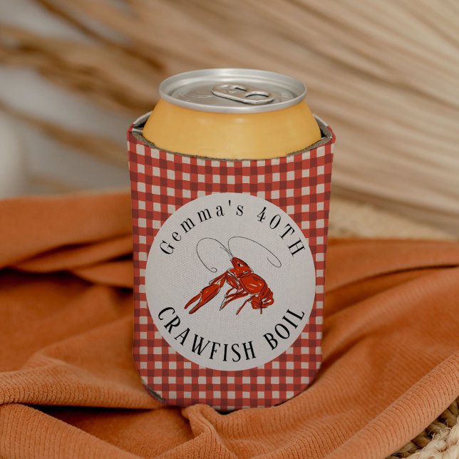 Enfriador De Latas Red Gingham Crawfish Boil Seafood Fiesta (Crawfish illustration classic red gingham crawfish boil can cooler.)