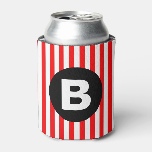Enfriador De Latas Red White Vertical Stripes Black Monogram (Lata Anverso)