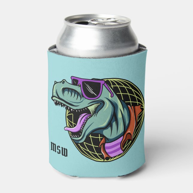 Enfriador De Latas Refrigerador de bebidas monograma de Hipster T-Rex (Lata Anverso)