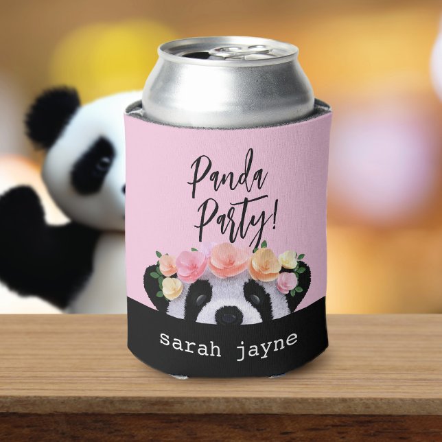 Enfriador De Latas Refrigerador de bebidas rosa personalizado Fiesta  (Pandas love to party! Just add your name)