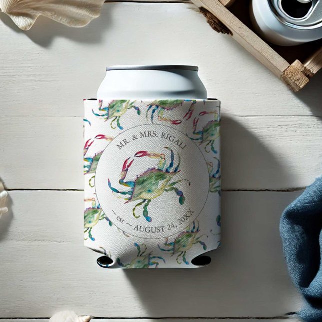 Enfriador De Latas Refrigeradores de bebidas personalizados de bodas  (Beach wedding can coolers watercolor crab art by Victoria Grigaliunas Do Tell A Belle Personalized)