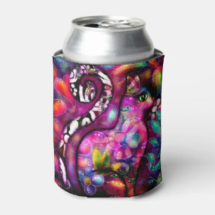 Enfriador De Latas Resumen caprichoso Gato Kitty Floral Rojo Rosa