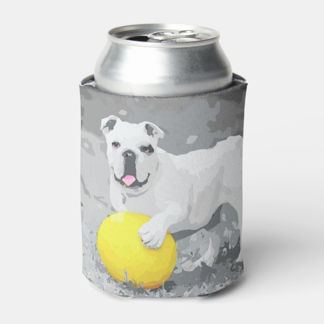 Enfriador De Latas Retrato de Bulldog en inglés blanco con bola (Lata Anverso)