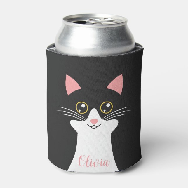 Enfriador De Latas Retrato de gato negro de Cute Mid Century (Lata Anverso)