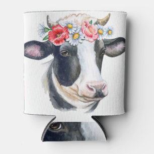Enfriador De Latas Retrato de vaca: floral, acuarela.