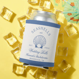 Enfriador De Latas Retro Azul Conchas Marinas y Campanas de Boda Desp