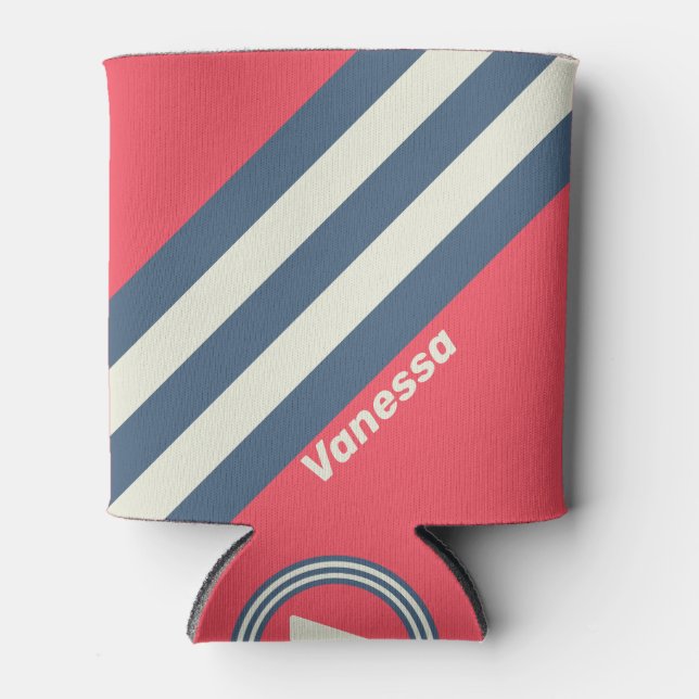 Enfriador De Latas Retro Beach Club Strips con nombre (Anverso)